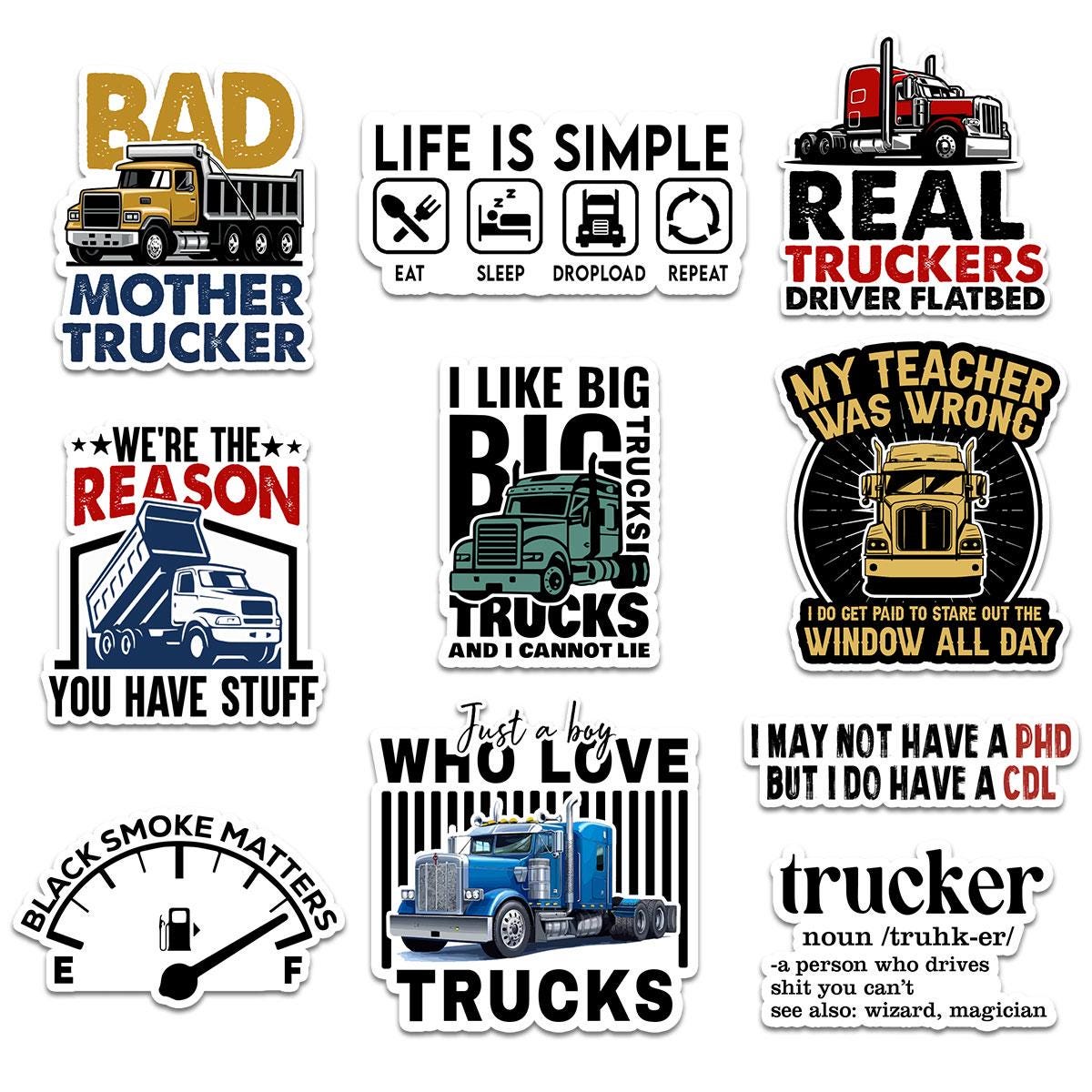 10 Pcs Trucker Humor Stickers Pack | Funny Truck Driver Vinyl Decals | CDL, Big Trucks, Flatbed & Trucking Gifts