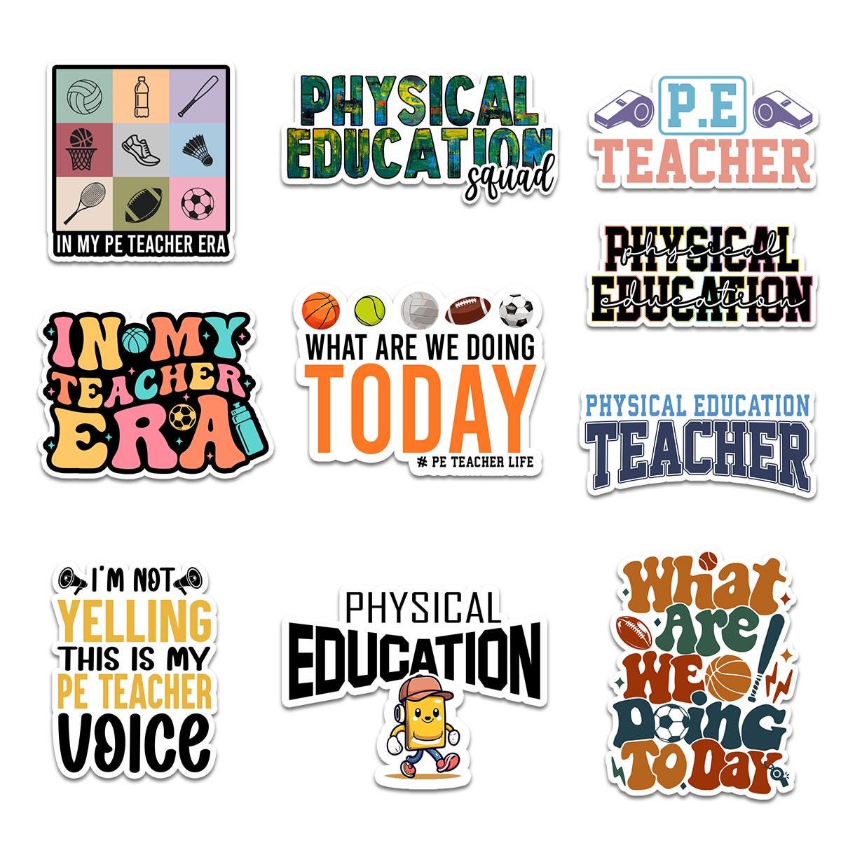10 Pcs PE Teacher Stickers Pack | Fun & Colorful Physical Education Vinyl Decals | Gift for Teachers, Coaches and PE Lovers