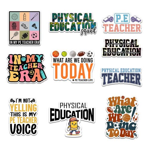 10 Pcs PE Teacher Stickers Pack | Fun & Colorful Physical Education Vinyl Decals | Gift for Teachers, Coaches and PE Lovers