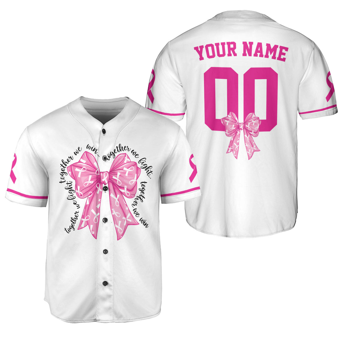 Personalized Number and Name Pink Bow Breast Cancer Jersey, Baseball Breast Cancer Survivor Pride Jersey