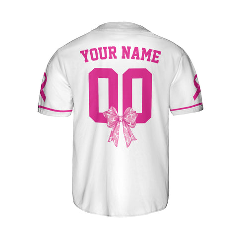 Personalized Number and Name Pink Bow Breast Cancer Jersey, Baseball Breast Cancer Survivor Pride Jersey