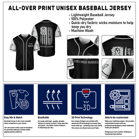 Personalized Name Lung Cancer Jersey, Support Squad Lung Cancer Awareness Baseball Jersey for women men