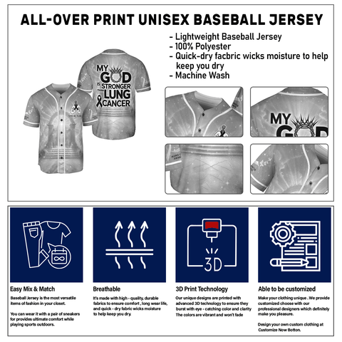 Customized Name My God is stronger than Lung Cancer Jersey, Lung Cancer Awareness Baseball Jersey for women men