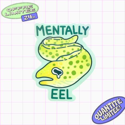 Mentally Eel Sticker Funny Sad Fish Meme Design Cute Moray Marine Animal Pun Sticker for Laptop, Water Bottle