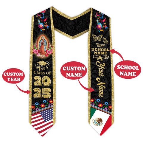 Customize Mexican American Flag Graduation Sash, Mexico Graduation Stole, class of 2025
