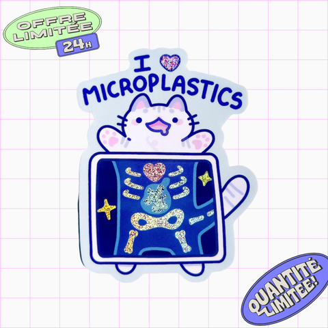 I Love Microplastics Sticker Cute Cat Kitten Eating Plastic Design X-Ray Vet Visit Sticker for Laptop, Water Bottle, Phone